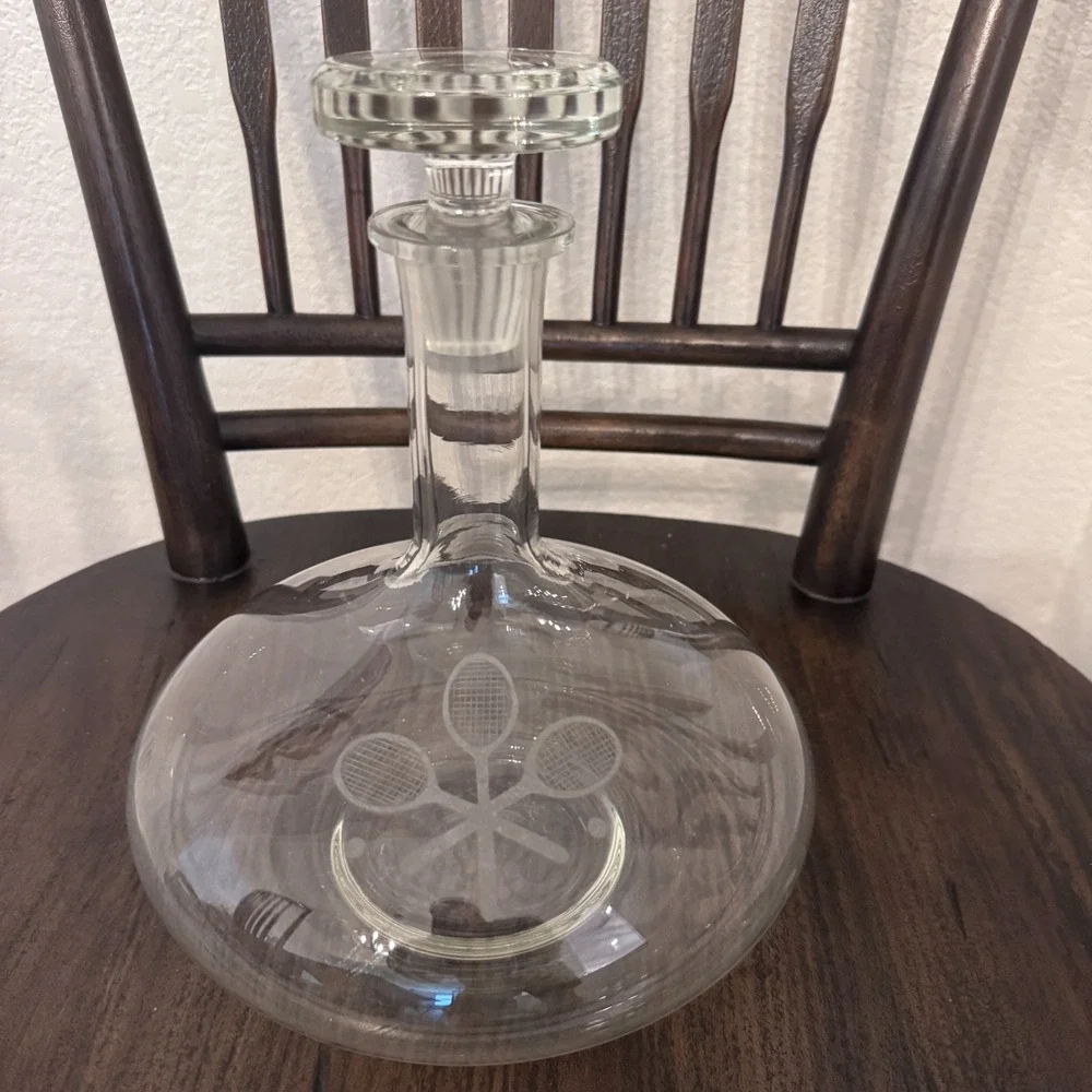Vintage Glass Decanter Bottle & Stopper Etched Tennis Theme Whiskey Wine Spirits